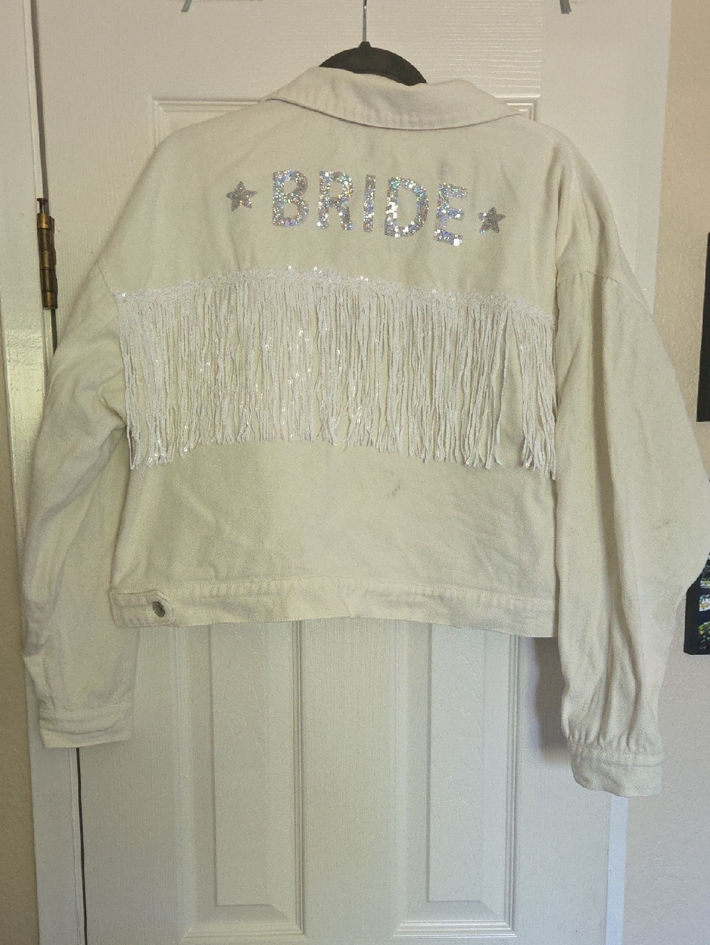 Bride Fringe Jean Jacket - White Sequin Detail